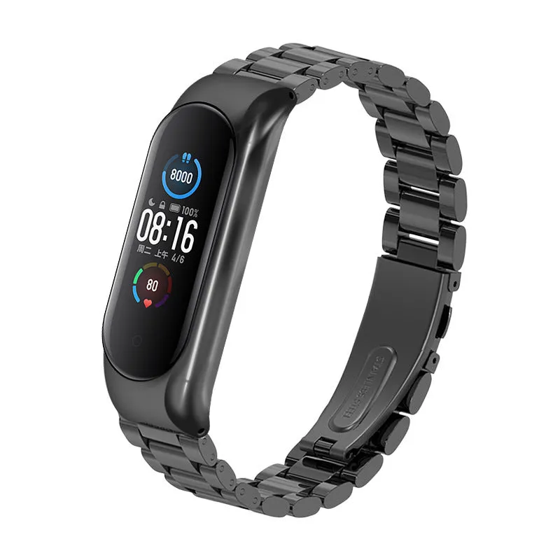 Three-bead metal Mi Band wristband showing rose gold finish with magnetic clasp closure