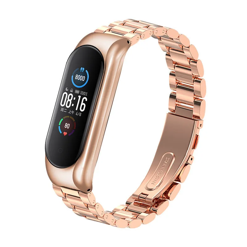 Three-bead metal Mi Band wristband showing rose gold finish with magnetic clasp closure