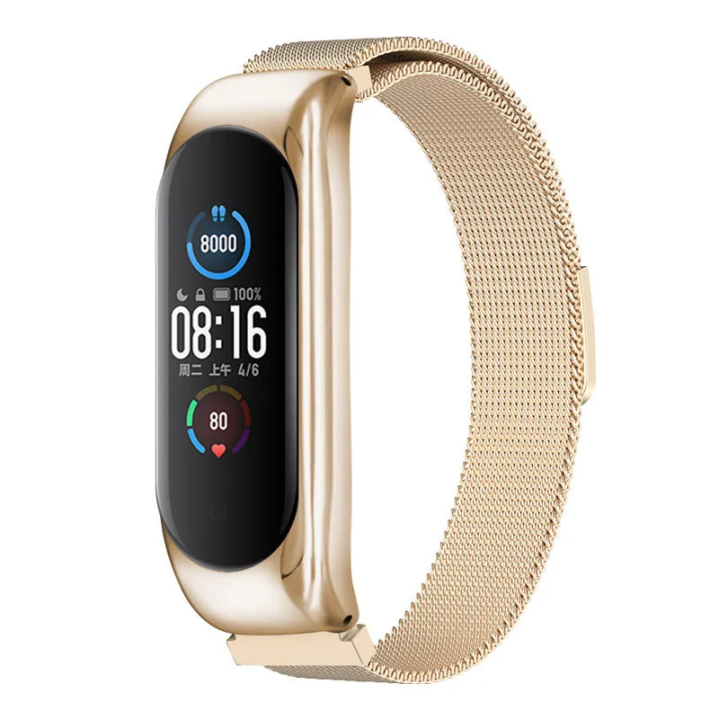 Three-bead metal Mi Band wristband showing rose gold finish with magnetic clasp closure
