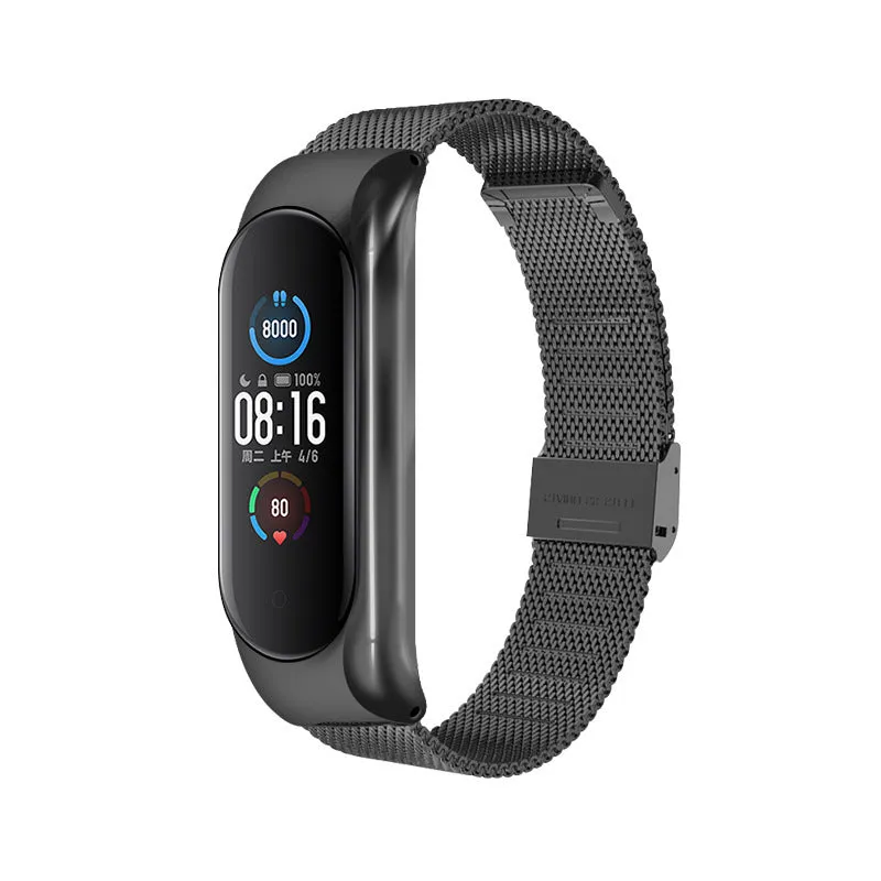 Three-bead metal Mi Band wristband showing rose gold finish with magnetic clasp closure