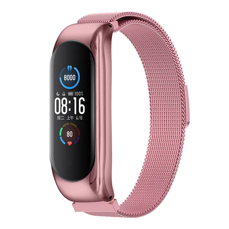 Three-bead metal Mi Band wristband showing rose gold finish with magnetic clasp closure