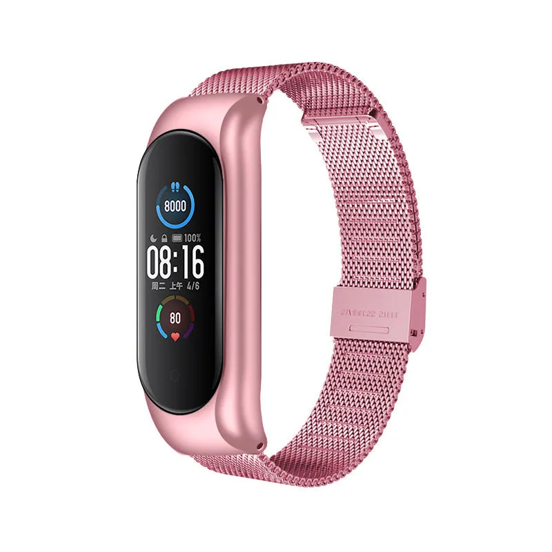 Three-bead metal Mi Band wristband showing rose gold finish with magnetic clasp closure
