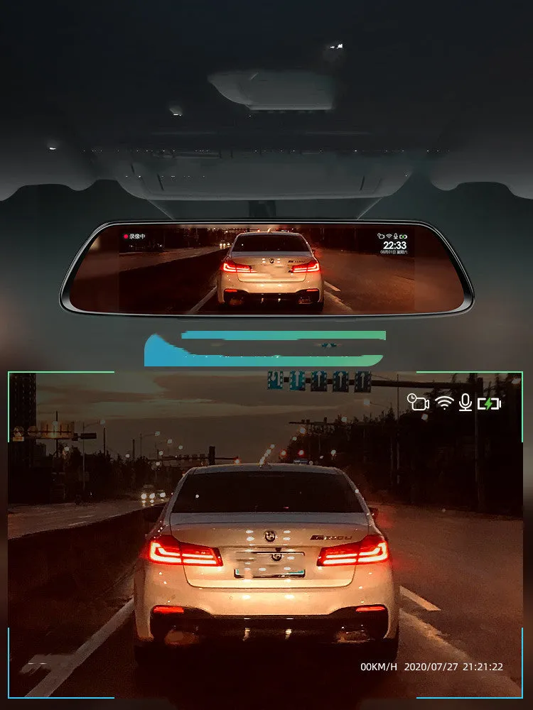 Black plastic driving recorder with rotational mount showing lens and installation accessories