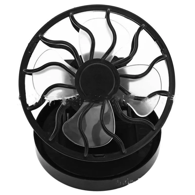 Black clip-on solar fan panel for outdoor cooling during camping and fishing.
