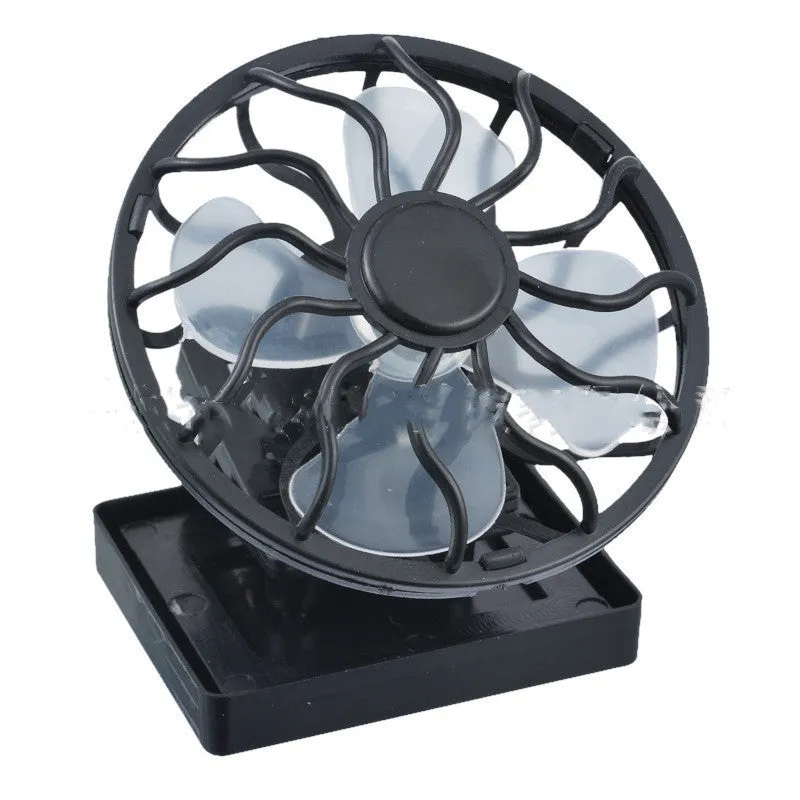 Black clip-on solar fan panel for outdoor cooling during camping and fishing.