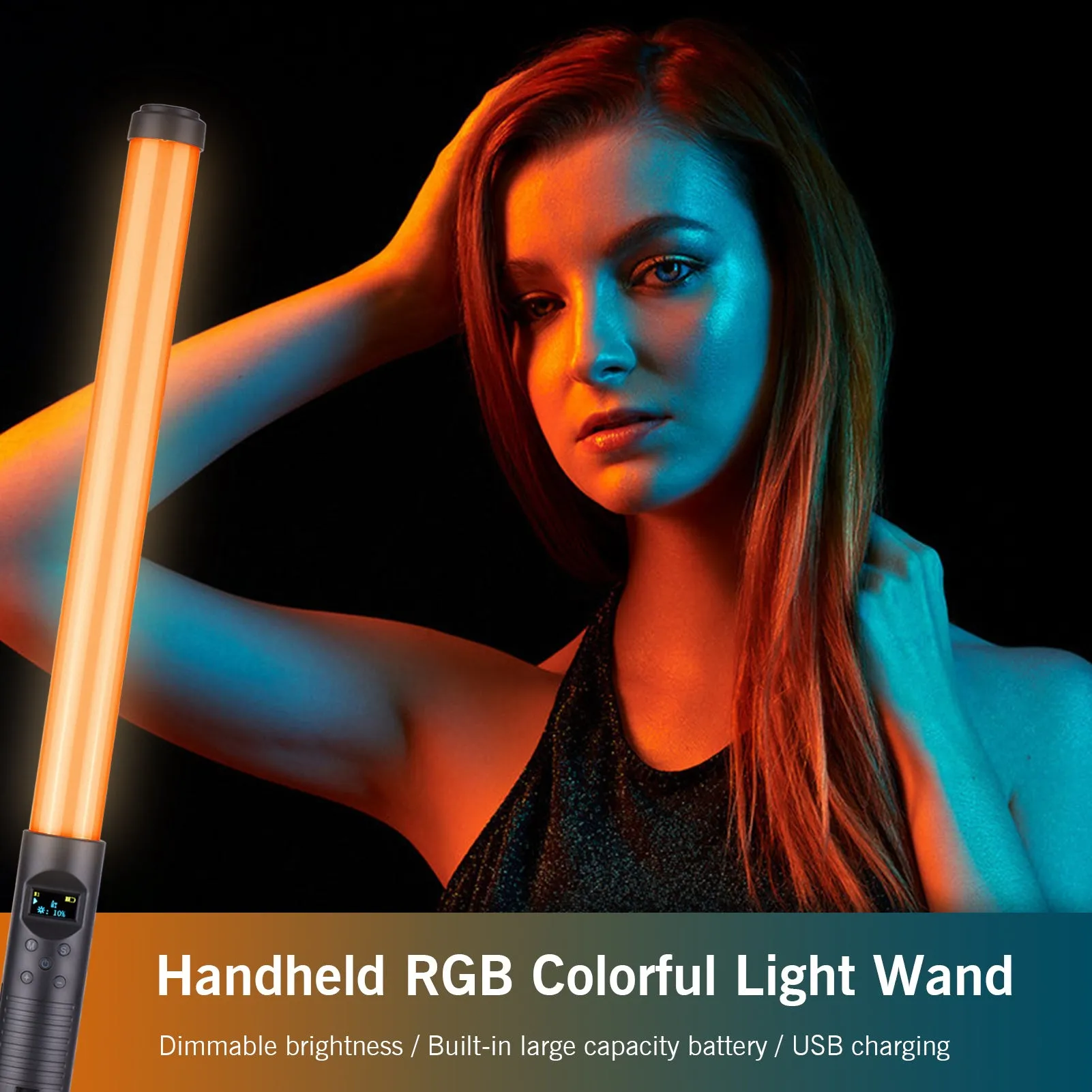 Handheld LED photography fill light stick with adjustable colour temperature and RGB lighting modes