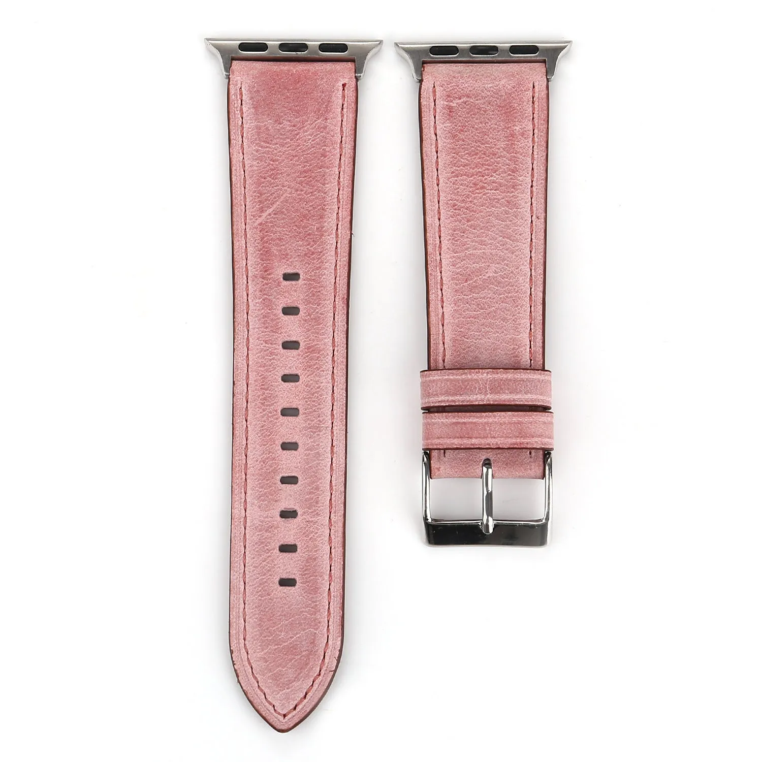 Leather watch strap with a silver folding buckle, shown in multiple colour options.