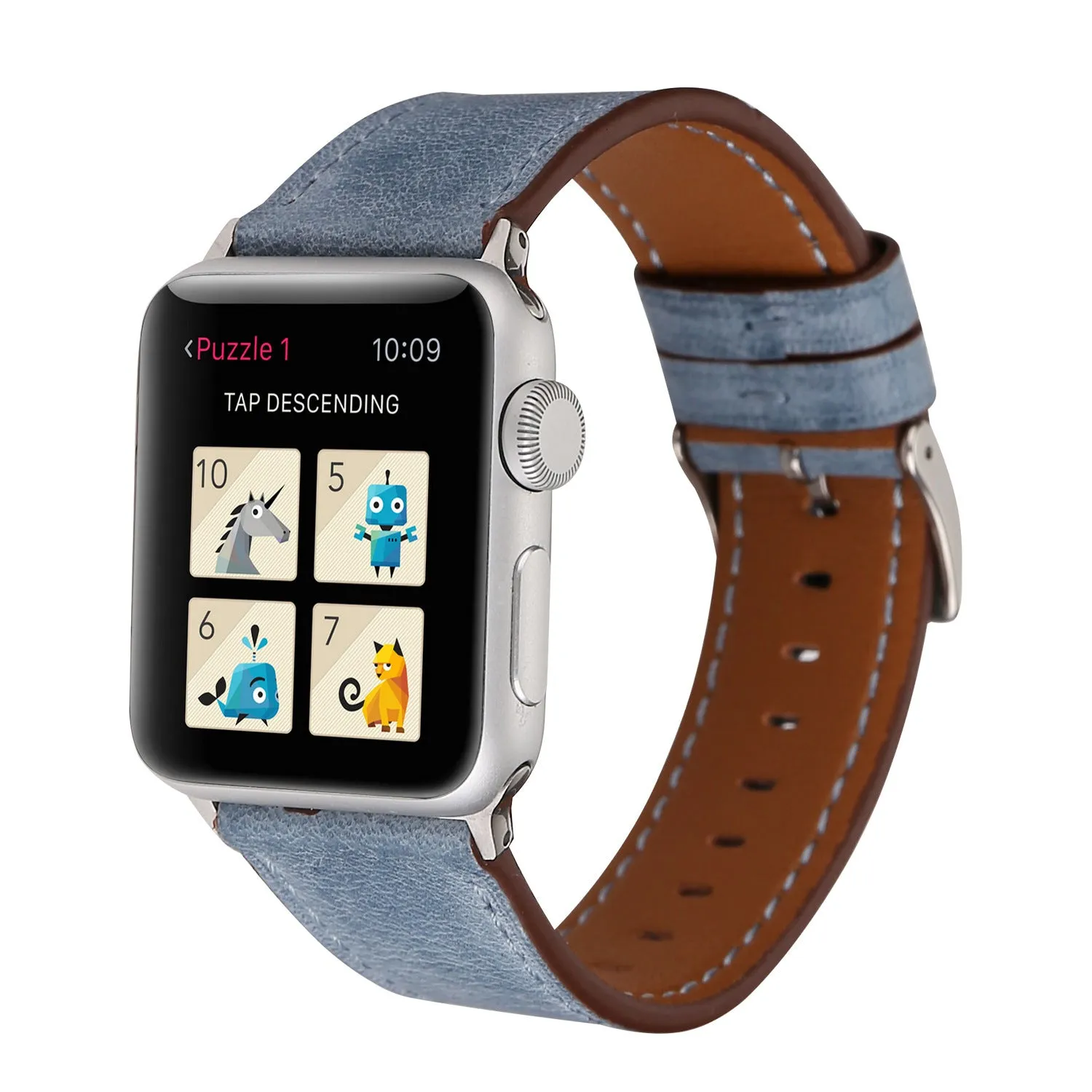 Leather watch strap with a silver folding buckle, shown in multiple colour options.