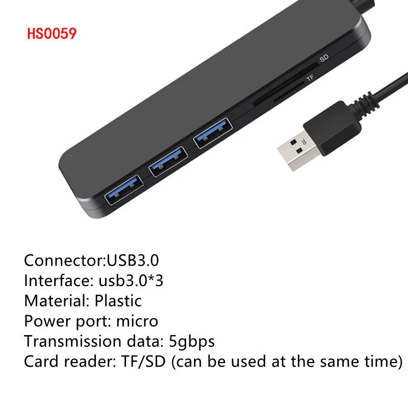 Black USB 3.0 hub with four ports, a 30cm cable, and LED status indicators next to each port.