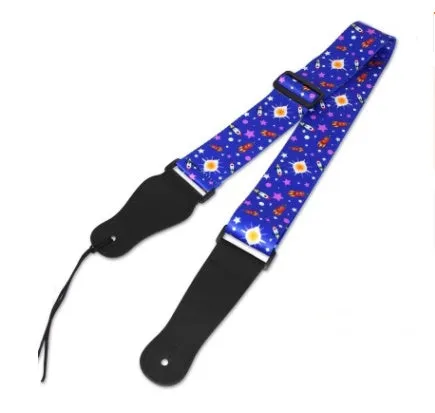 Printed cloth guitar strap showing eight graphic design options including national flag and space patterns