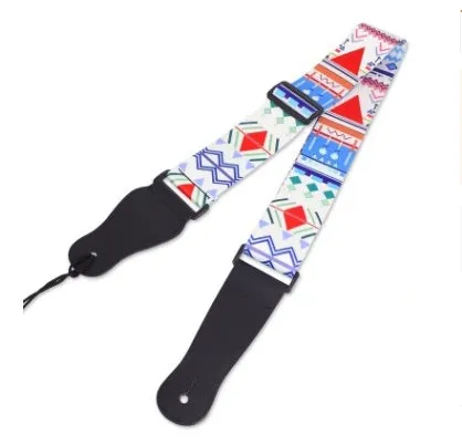 Printed cloth guitar strap showing eight graphic design options including national flag and space patterns