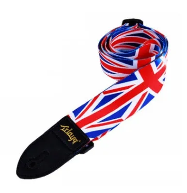 Printed cloth guitar strap showing eight graphic design options including national flag and space patterns