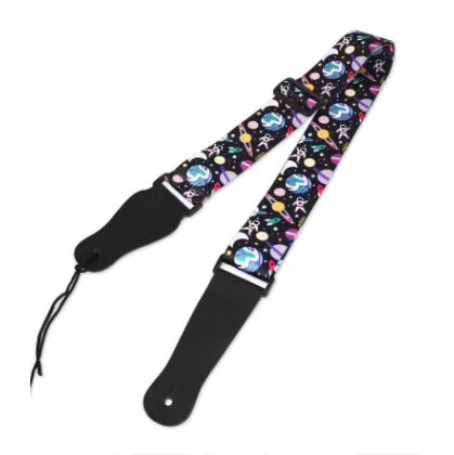 Printed cloth guitar strap showing eight graphic design options including national flag and space patterns