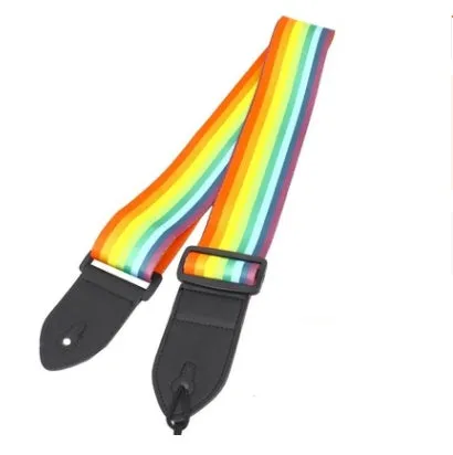 Printed cloth guitar strap showing eight graphic design options including national flag and space patterns