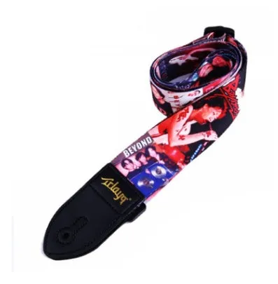 Printed cloth guitar strap showing eight graphic design options including national flag and space patterns