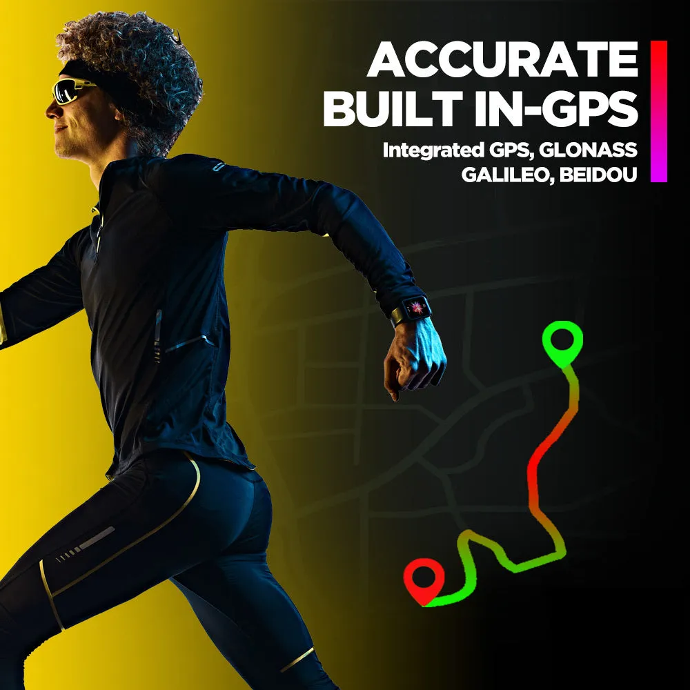Black GPS sports smart watch with LCD display showing health metrics on rubber wrist strap