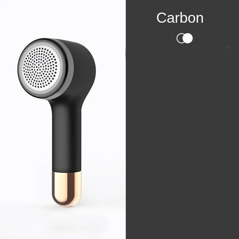 USB rechargeable hair ball trimmer with stainless steel cutting net on an ABS plastic body.