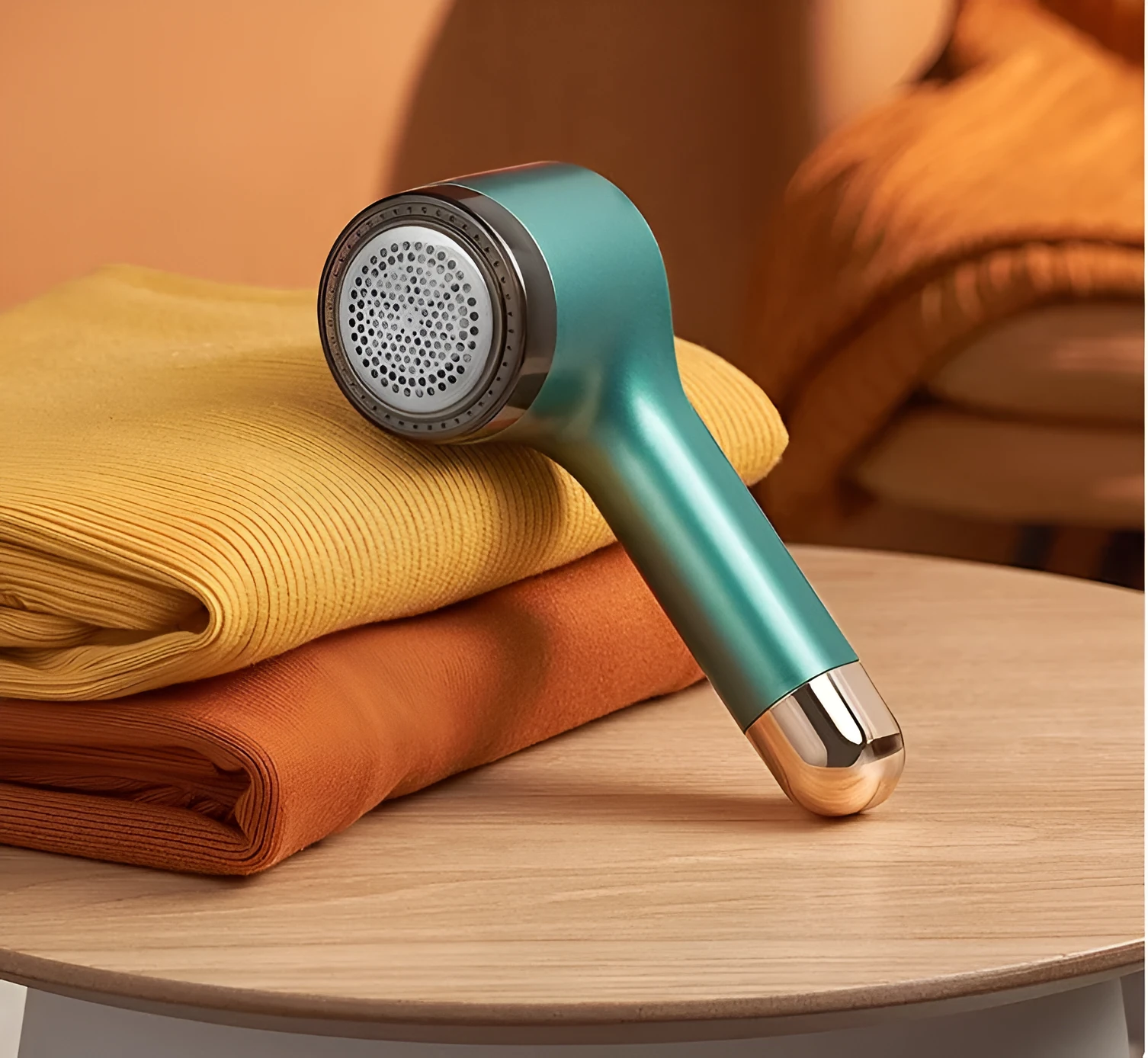 USB rechargeable hair ball trimmer with stainless steel cutting net on an ABS plastic body.