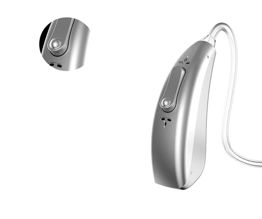 Wireless invisible rechargeable hearing aid with USB charging case on a table