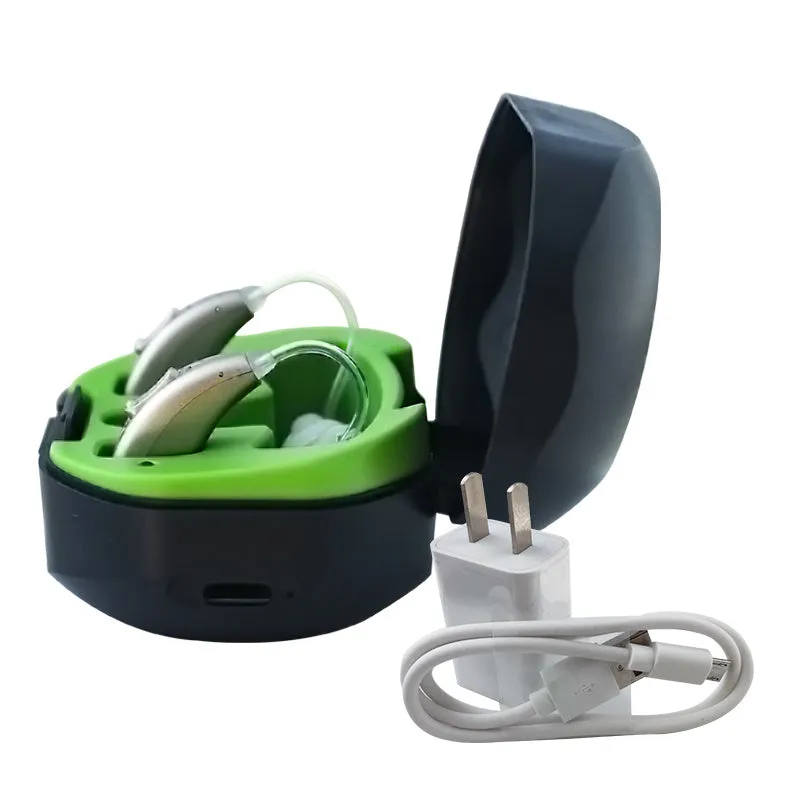 Wireless invisible rechargeable hearing aid with USB charging case on a table