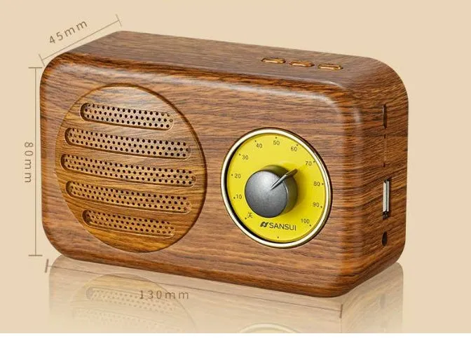 Portable Bluetooth mini speaker in vintage wood colour finish with micro USB cable.