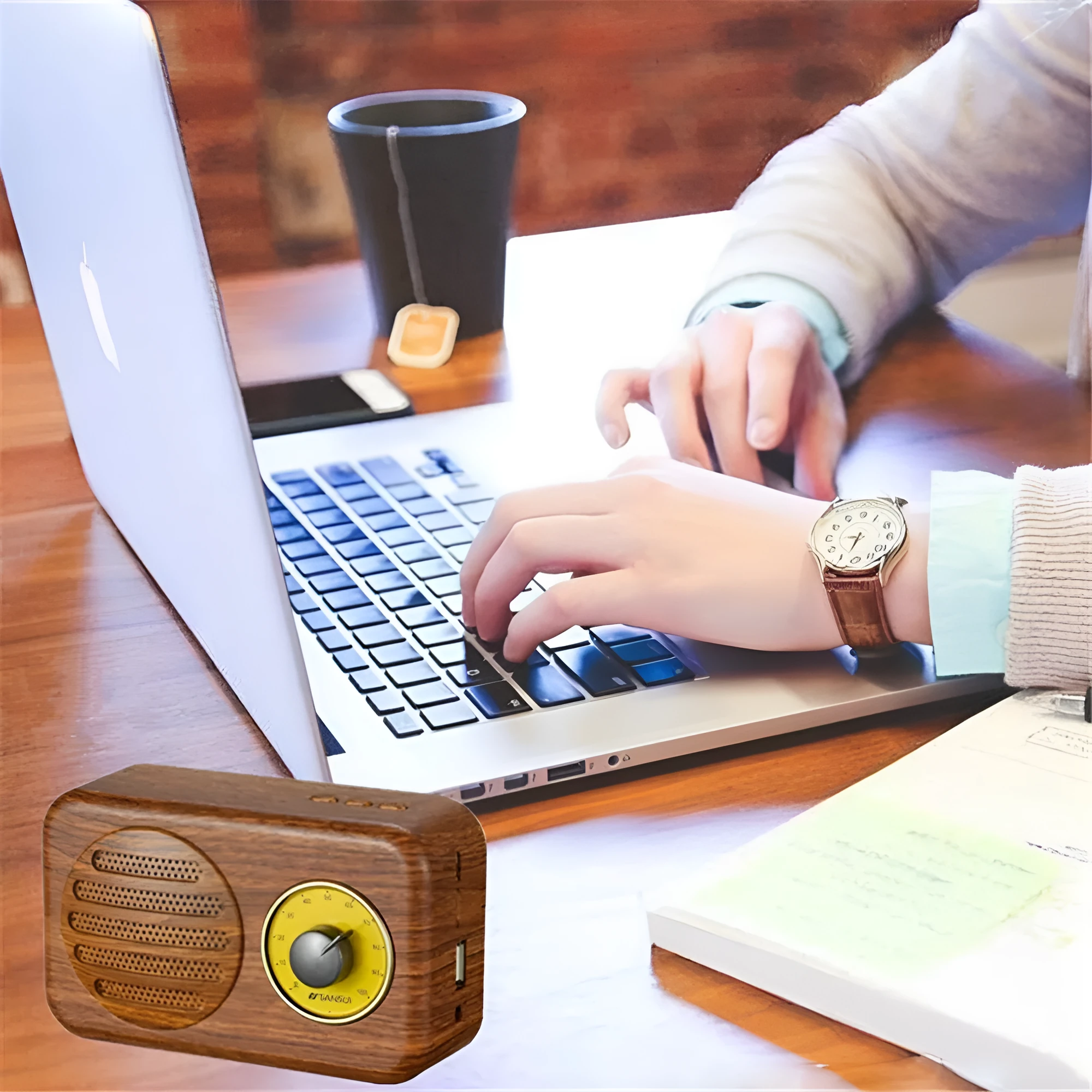 Portable Bluetooth mini speaker in vintage wood colour finish with micro USB cable.
