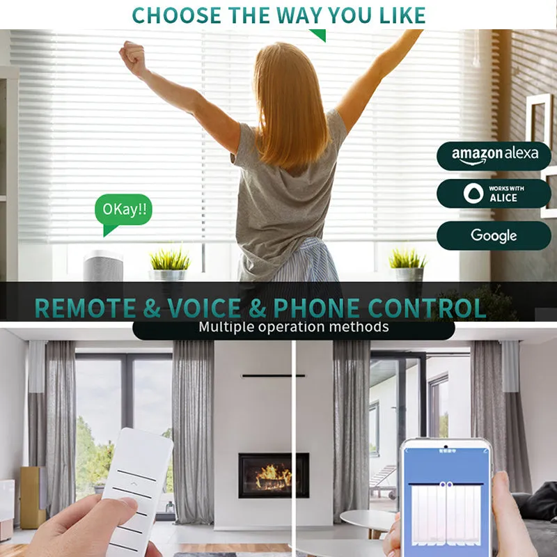 Smart electric curtain motor and aluminium track kit with remote control for voice and app operation.