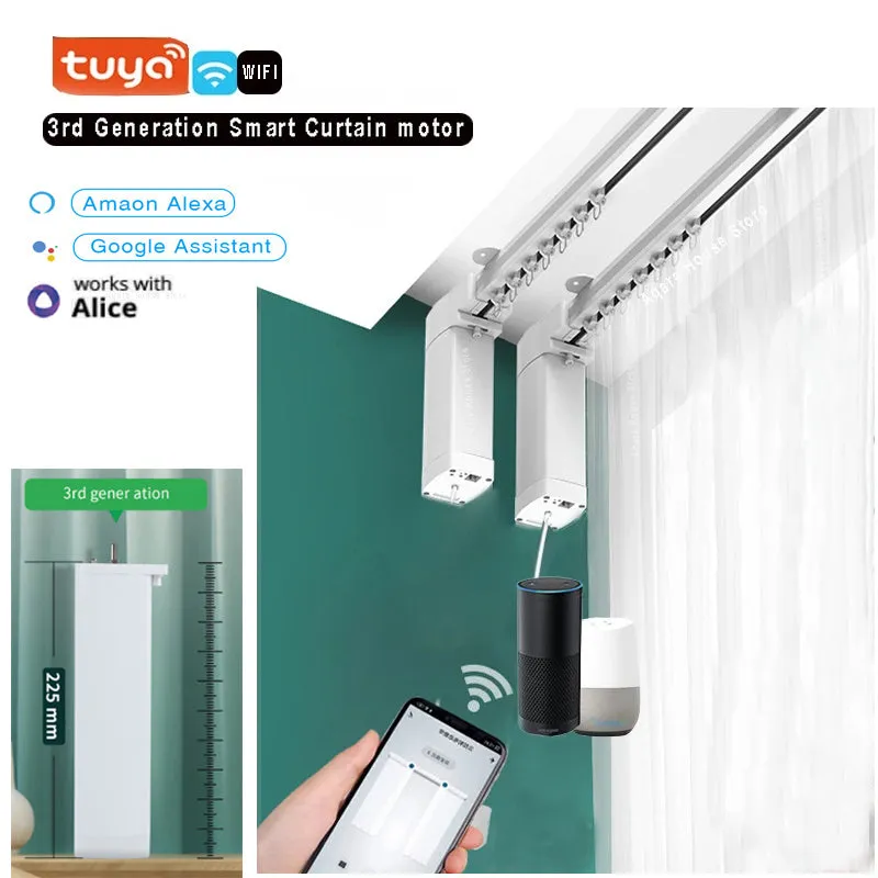 Smart electric curtain motor and aluminium track kit with remote control for voice and app operation.
