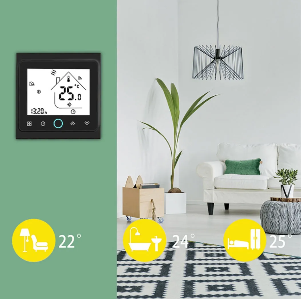 Intelligent central air-conditioning thermostat with capacitive touch display in black or white finish