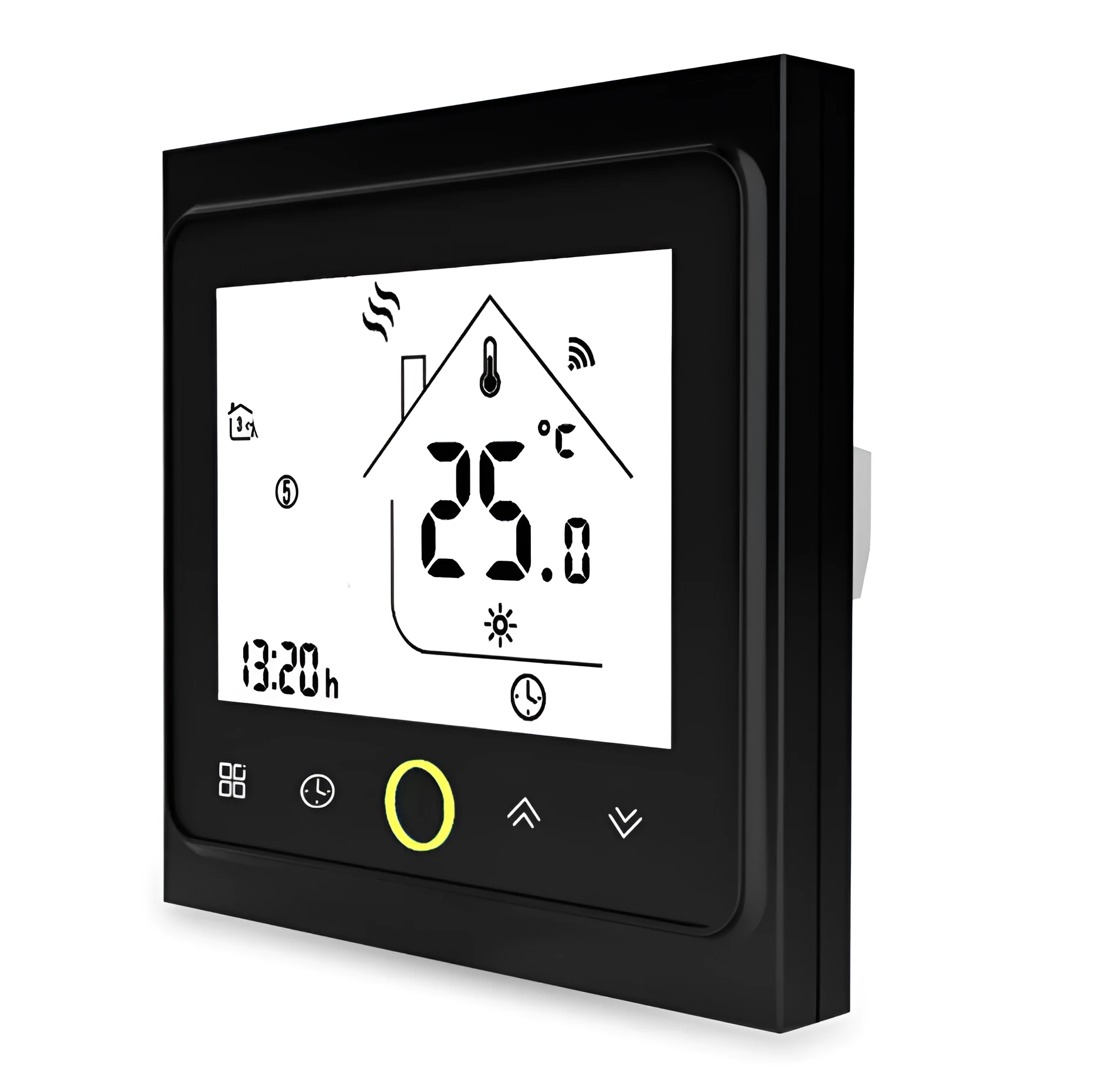 Intelligent central air-conditioning thermostat with capacitive touch display in black or white finish