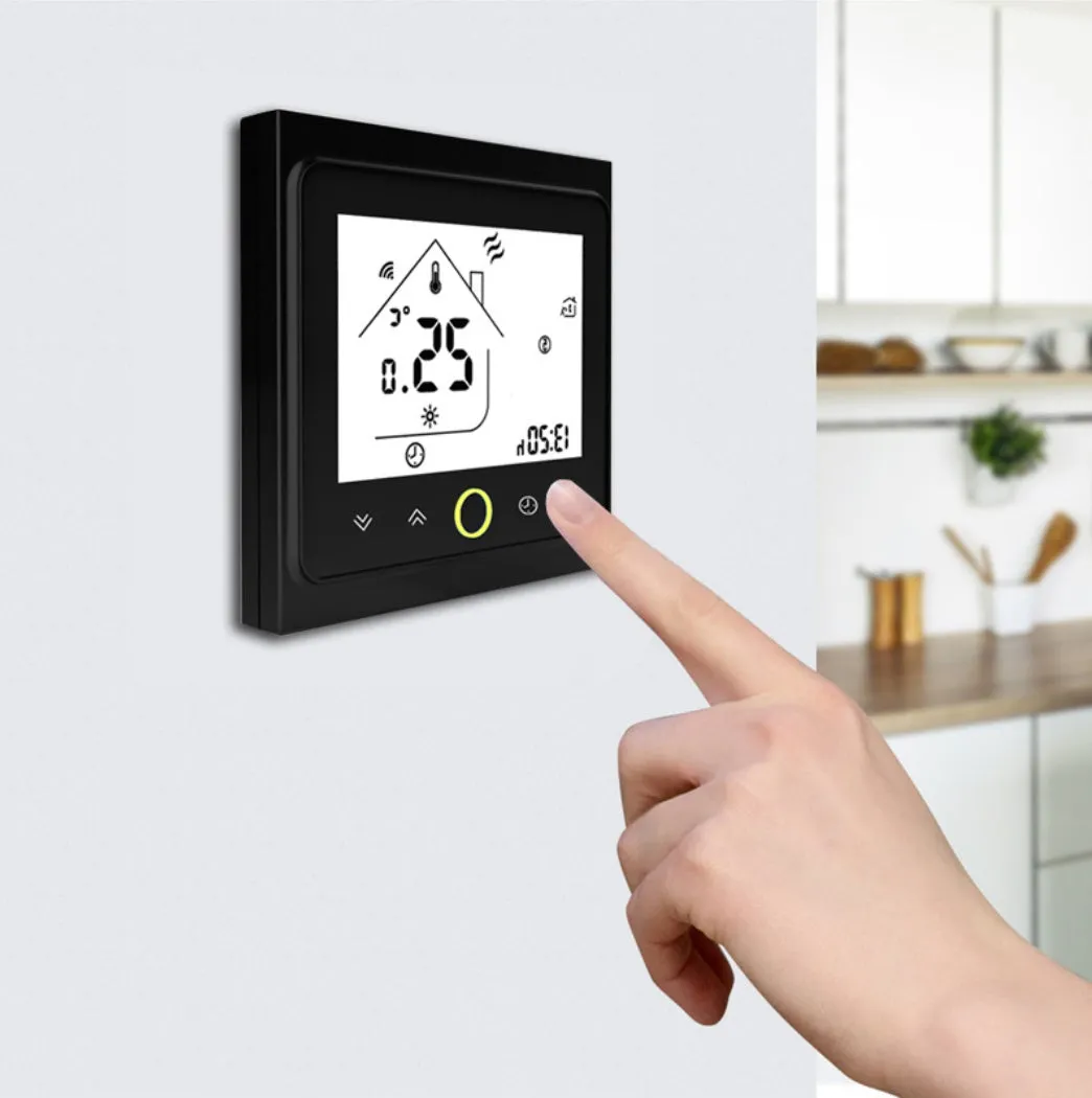 Intelligent central air-conditioning thermostat with capacitive touch display in black or white finish