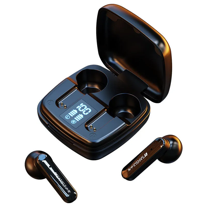 Wireless binaural semi-in-ear Bluetooth headphones in black or white with digital battery display