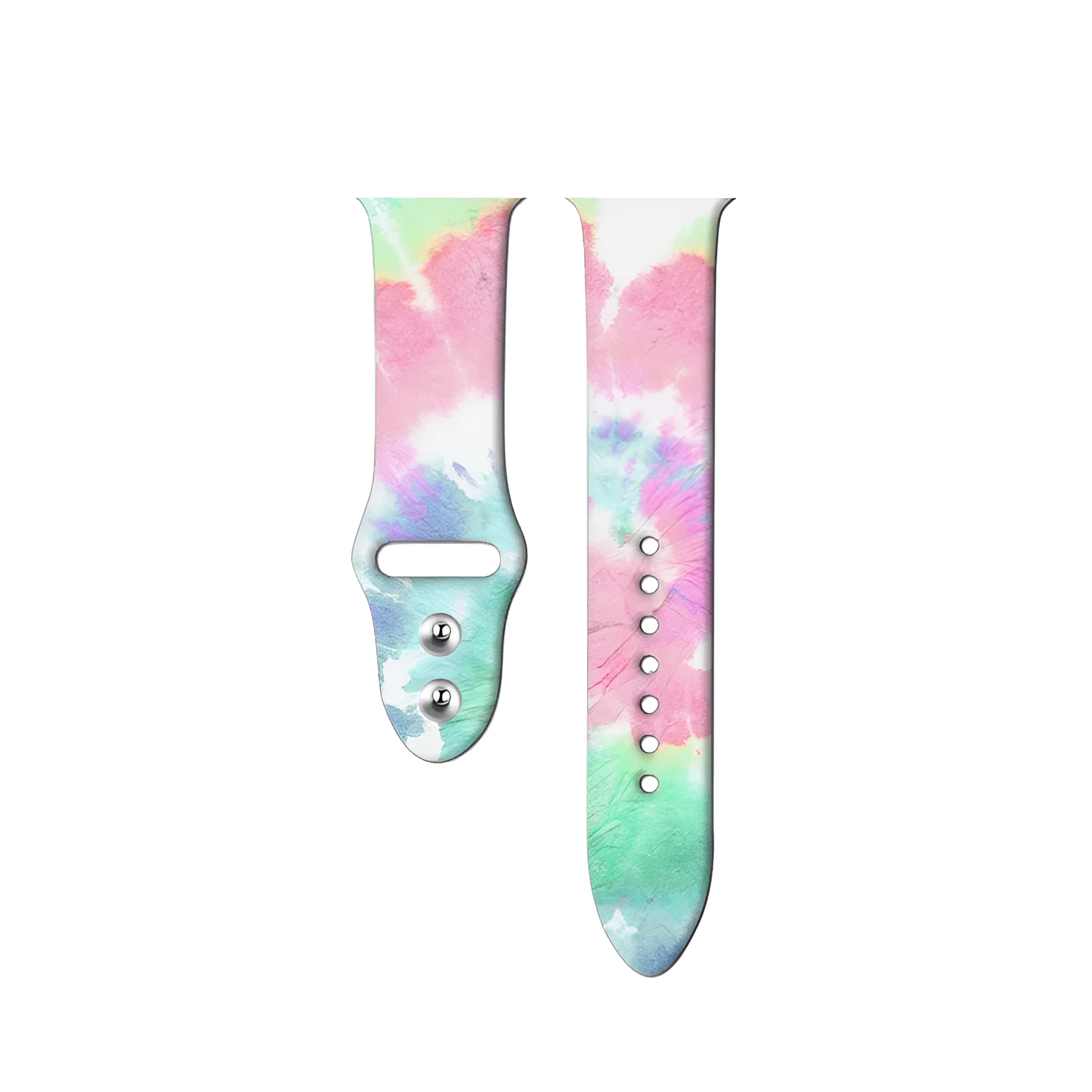 Silicone Apple Watch strap showing multiple tie-dye and custom colour pattern options