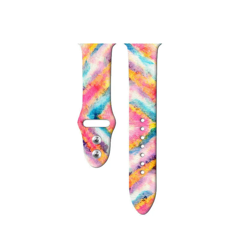 Silicone Apple Watch strap showing multiple tie-dye and custom colour pattern options