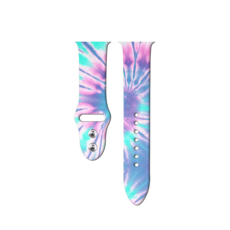 Silicone Apple Watch strap showing multiple tie-dye and custom colour pattern options
