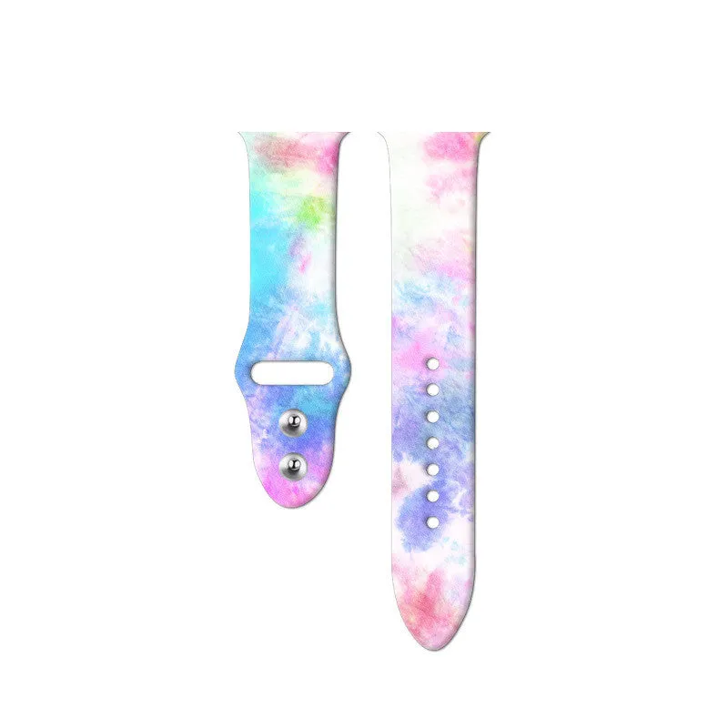 Silicone Apple Watch strap showing multiple tie-dye and custom colour pattern options