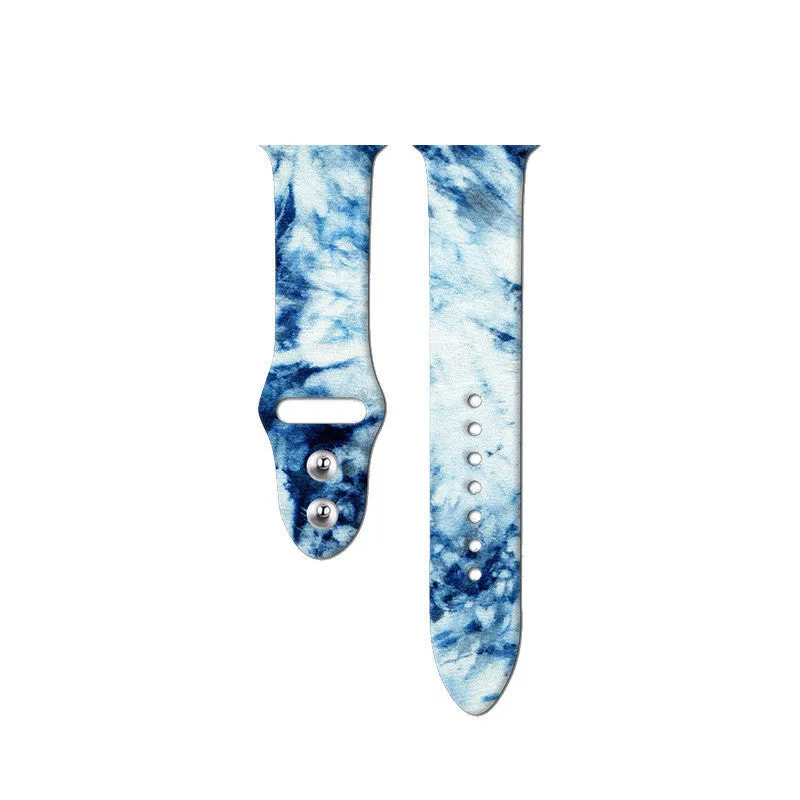 Silicone Apple Watch strap showing multiple tie-dye and custom colour pattern options