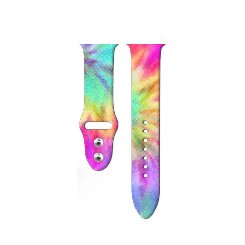 Silicone Apple Watch strap showing multiple tie-dye and custom colour pattern options