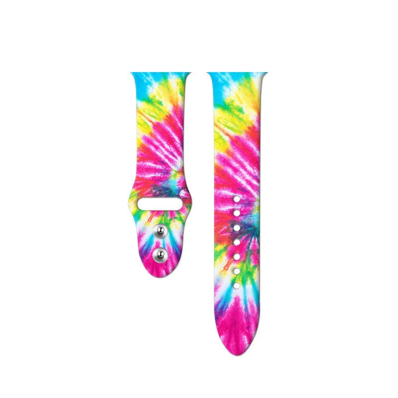 Silicone Apple Watch strap showing multiple tie-dye and custom colour pattern options