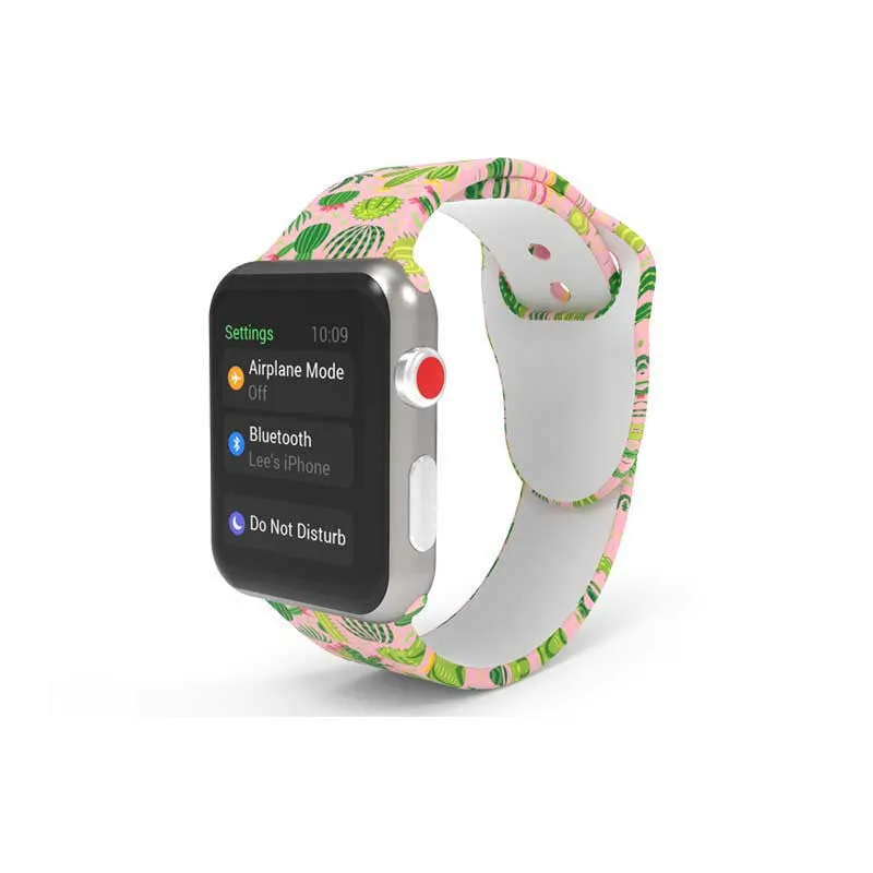 Silicone Apple Watch strap showing multiple tie-dye and custom colour pattern options