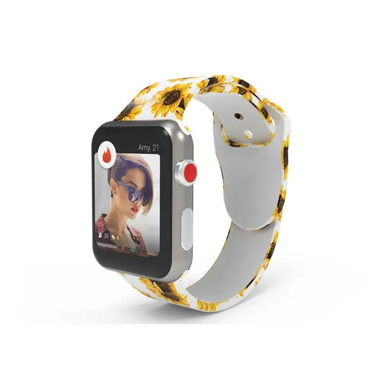 Silicone Apple Watch strap showing multiple tie-dye and custom colour pattern options