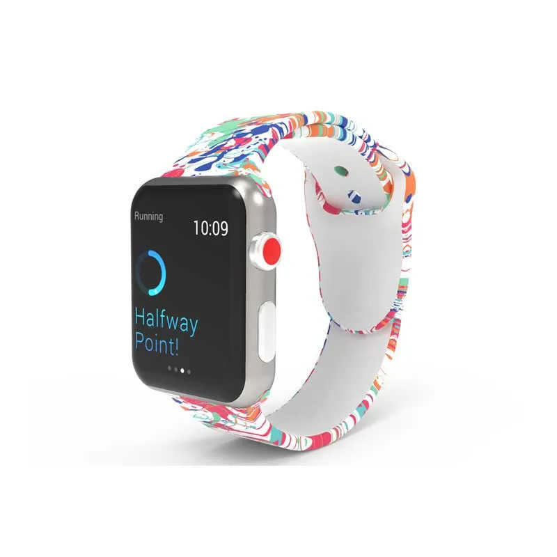 Silicone Apple Watch strap showing multiple tie-dye and custom colour pattern options