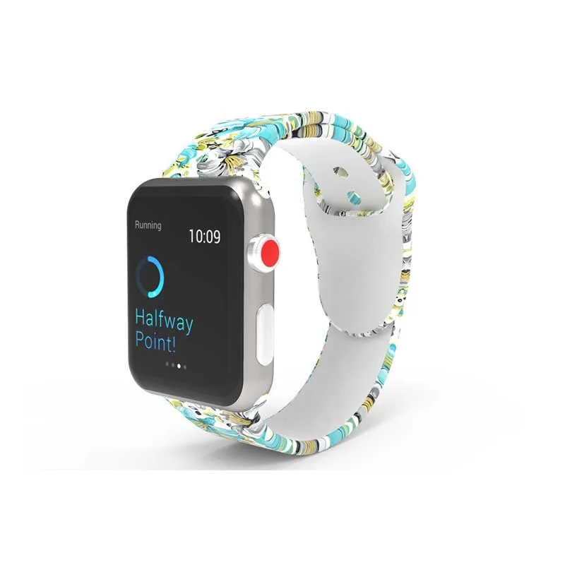 Silicone Apple Watch strap showing multiple tie-dye and custom colour pattern options