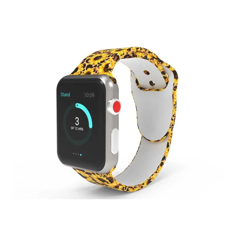 Silicone Apple Watch strap showing multiple tie-dye and custom colour pattern options
