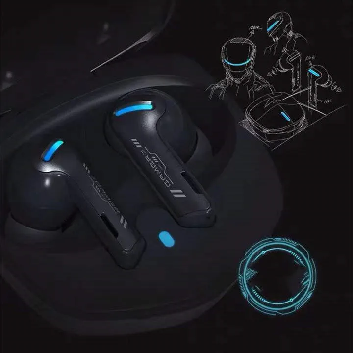 Grey QCY-G1 wireless Bluetooth gaming headphones with charging case and ear tips.