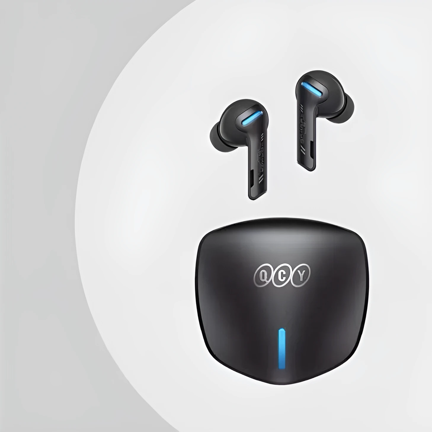 Grey QCY-G1 wireless Bluetooth gaming headphones with charging case and ear tips.