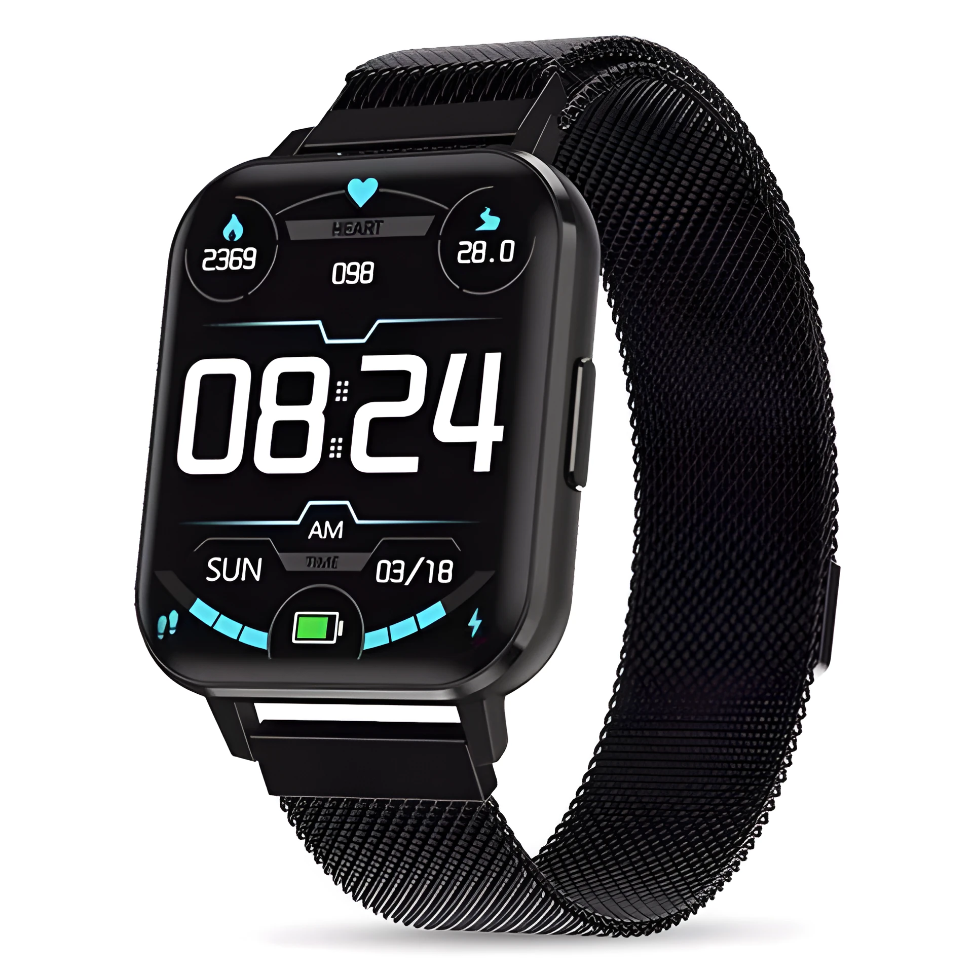 DTX Smart Watch with 1.78 inch HD display on a black steel wristband showing fitness tracking interface.