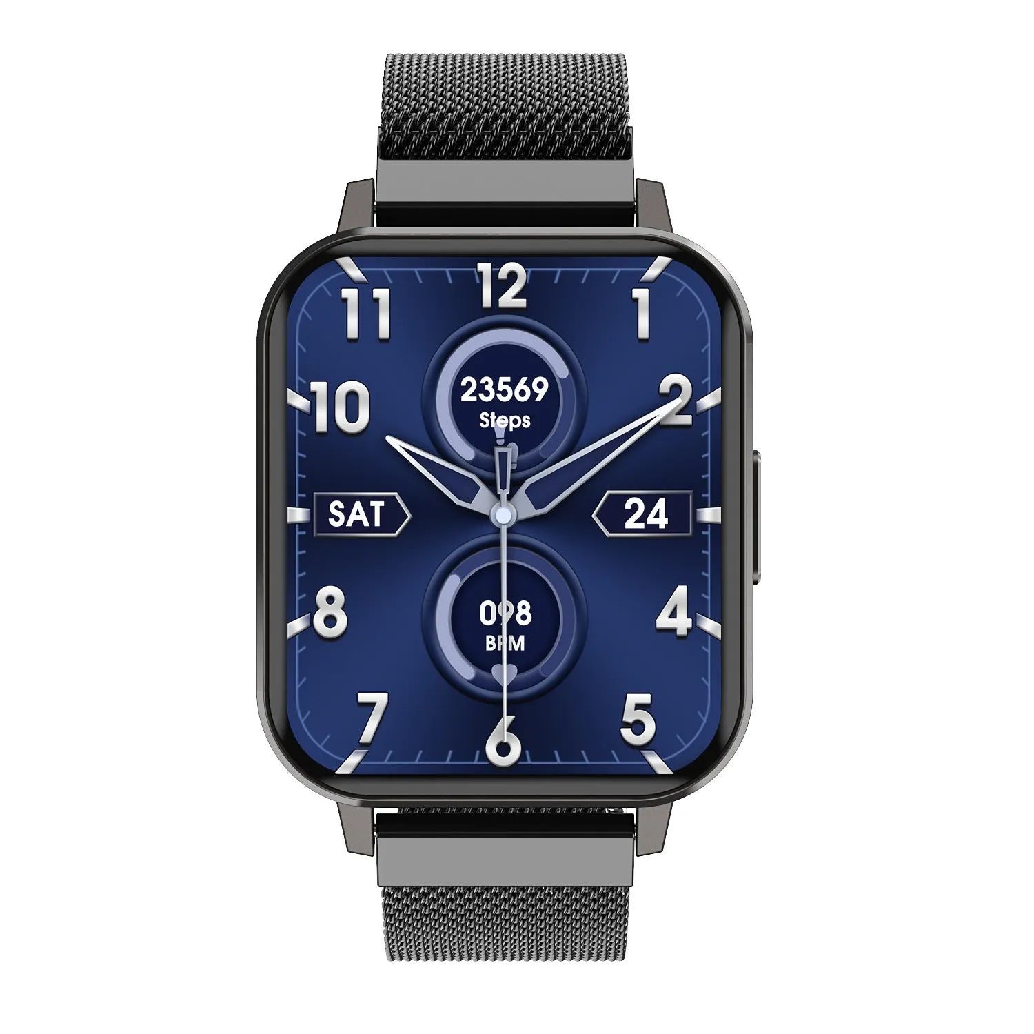 DTX Smart Watch with 1.78 inch HD display on a black steel wristband showing fitness tracking interface.