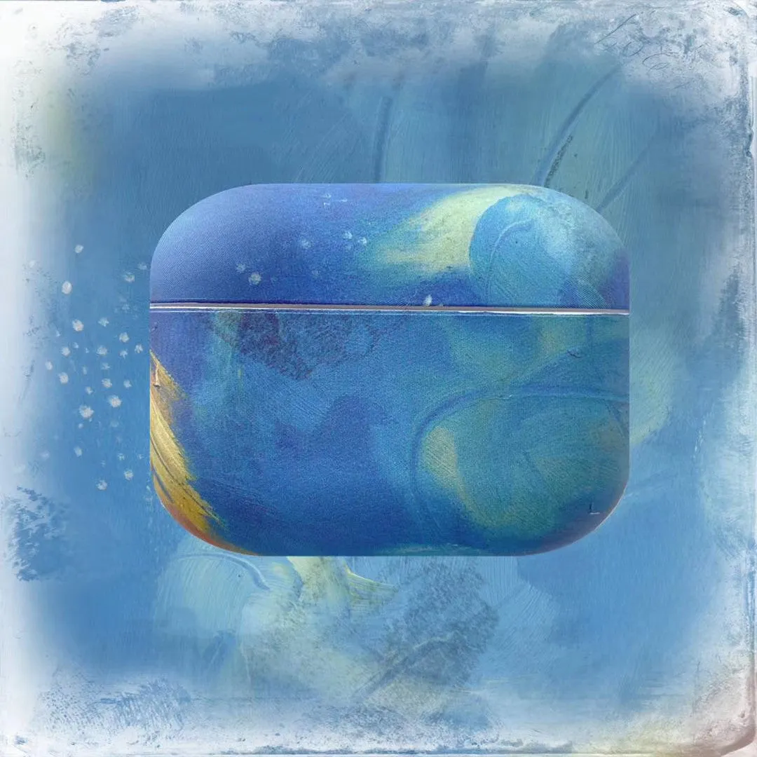 Hard plastic protective sleeve for Apple AirPods in pink and blue watercolour designs.