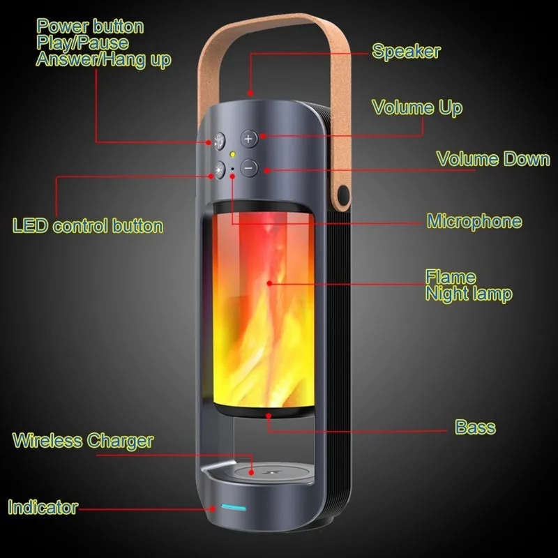 Portable Bluetooth speaker with orange dancing flame light on top, showing wireless charging pad and control buttons.